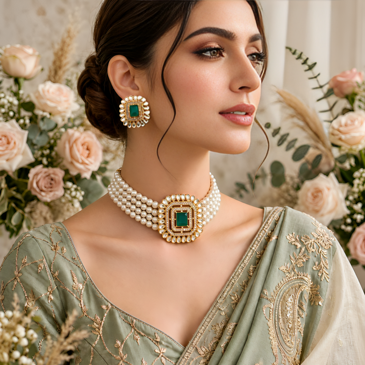 Emerald Pearl Bridal Choker Set