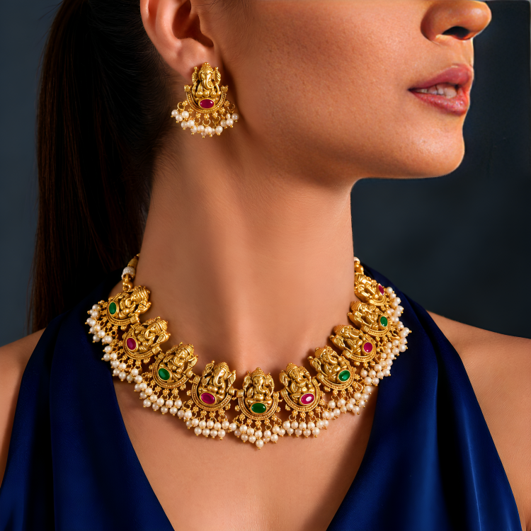 Temple Bridal Necklace Set, South Indian Wedding Antique Gold Jewelry,