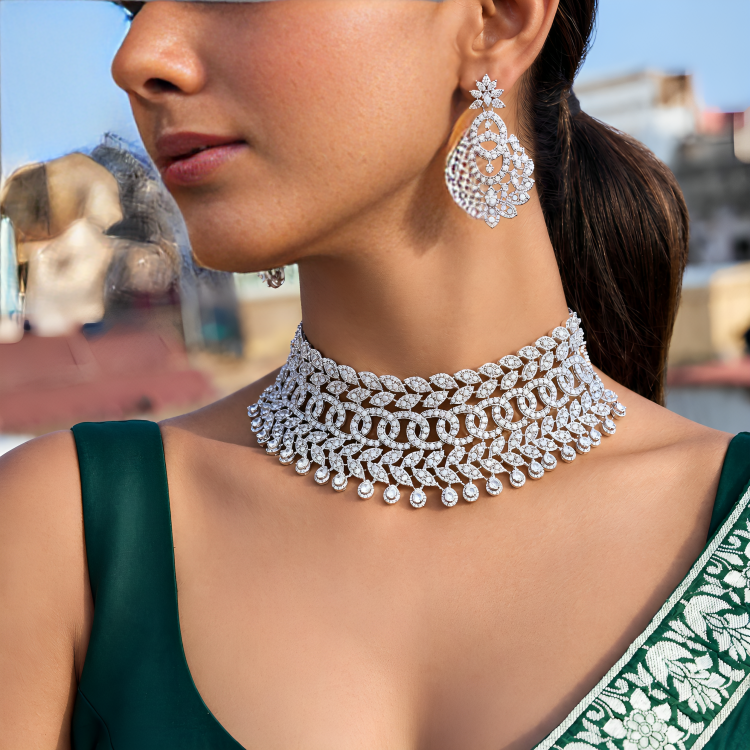 silver-plated cubic zirconia and American diamond statement choker necklace set