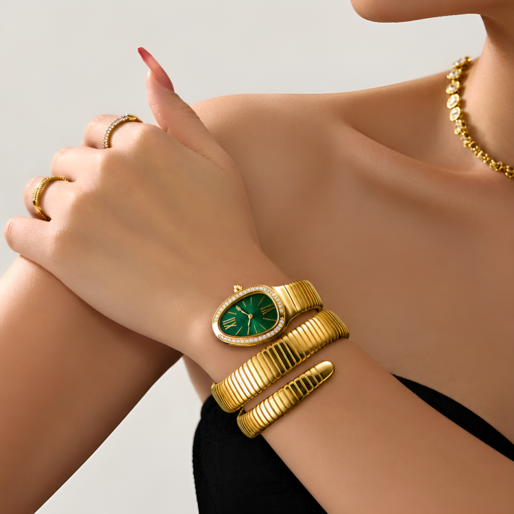 Luxury Gold Plated Snake Coil Bracelet Watch with Green Oval Dial