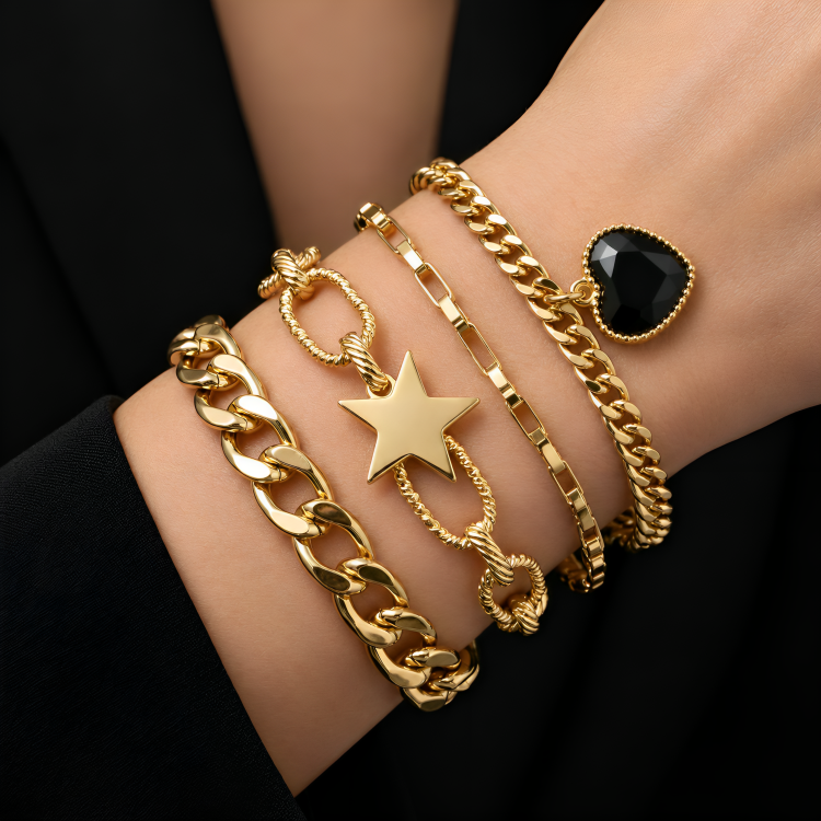 Luxe Black Onyx Heart & Star Multi-Chain Bracelet Set