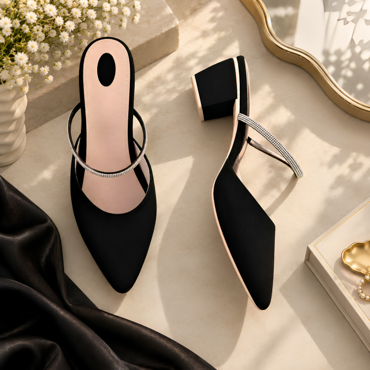 Midnight Sparkle Black Rhinestone Mules