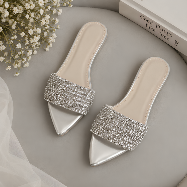 Silver Sparkle Elegance – Rhinestone Pointed-Toe Slides