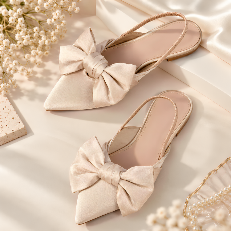 Satin Bow Pointed Ballerina Flats