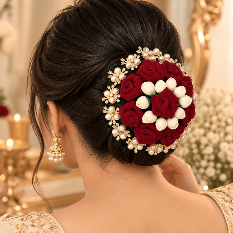 Premium Pearl & Rose Hair Bun