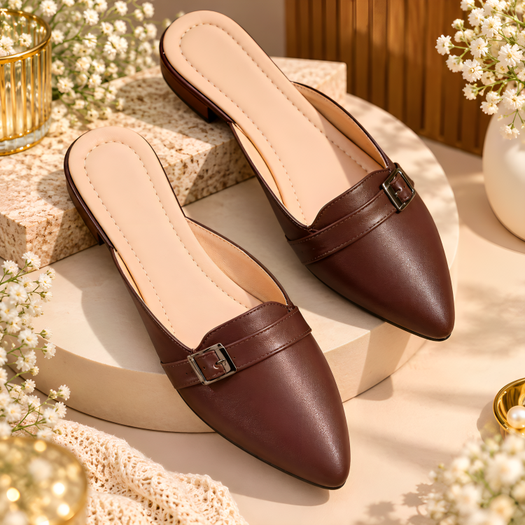 Chestnut Pointed Buckle Loafer Mules