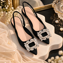 Satin Rhinestone Embellished Low-Heel Slingbacks