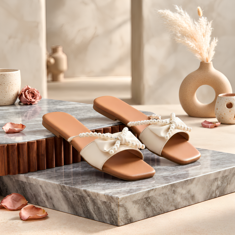 Ivory Pearl-String Square-Toe Flats