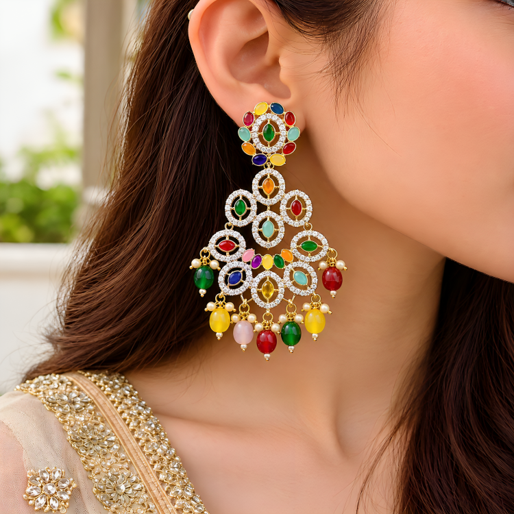 AURELIQ Royal Navratna Multicolor Statement Chandelier Earrings