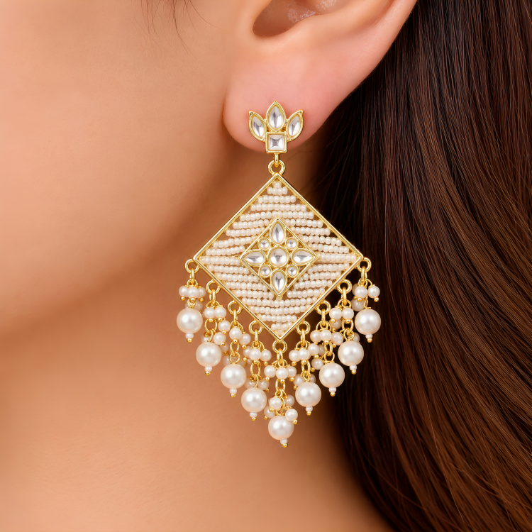 AURELIQ Imperial Geometric Pearl Lattice Chandbali Earrings